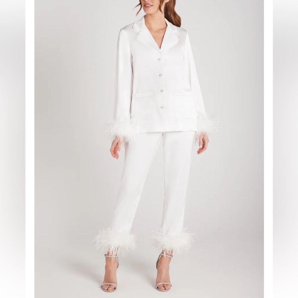 Nadine Merabi White Satin Pajamas with pearl buttons